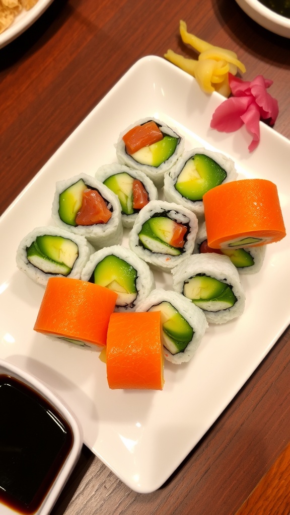Plated sushi rolls with fresh fish, avocado, cucumber, soy sauce, wasabi, and pickled ginger.
